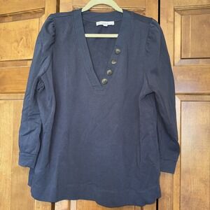 LOFT Women's Stretch 100% Cotton Long Sleeve Button V-Neck Slate Gray Size XL